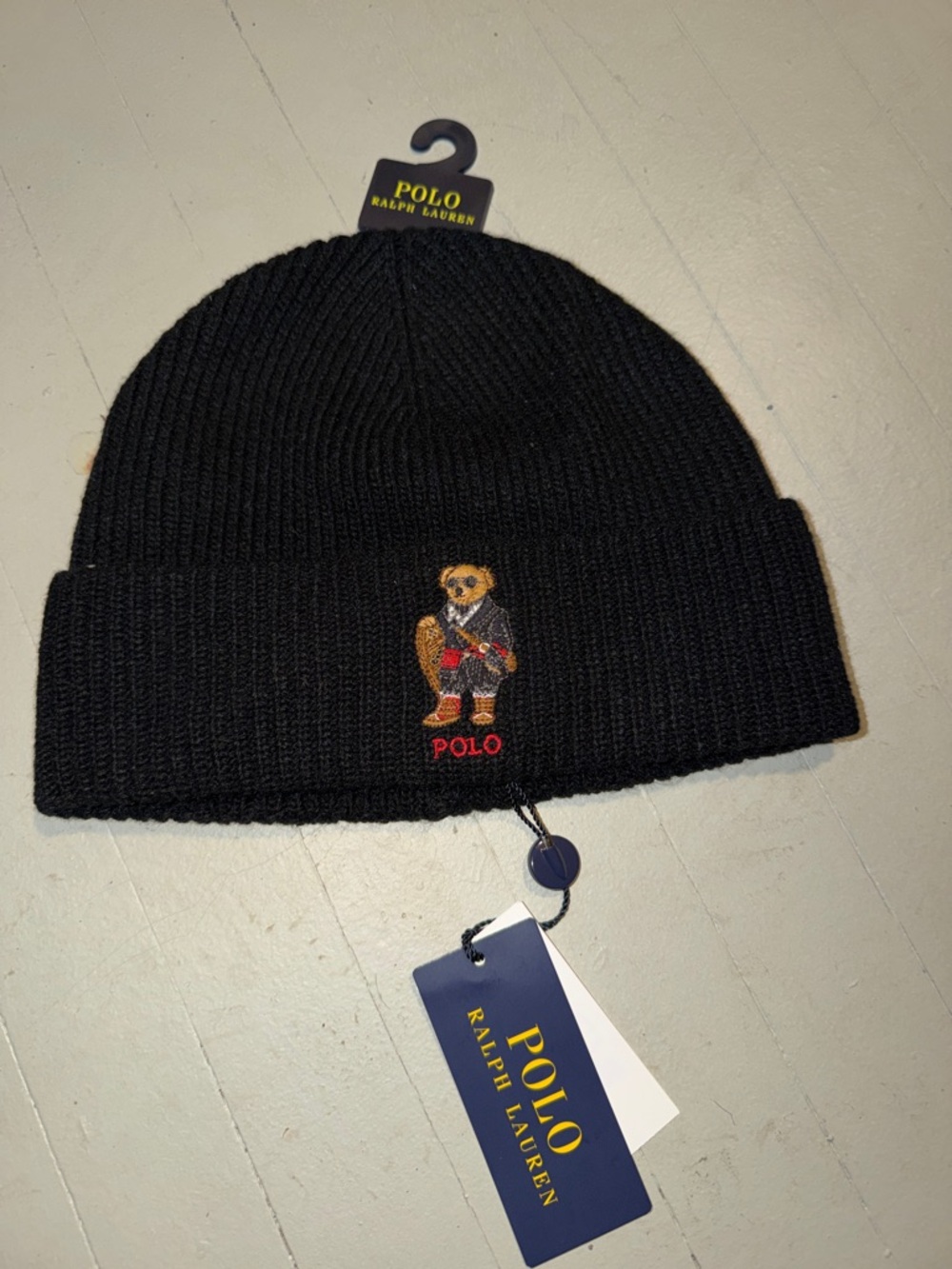 Polo by Ralph Lauren Black Knit Beanie with Embroidered Bear